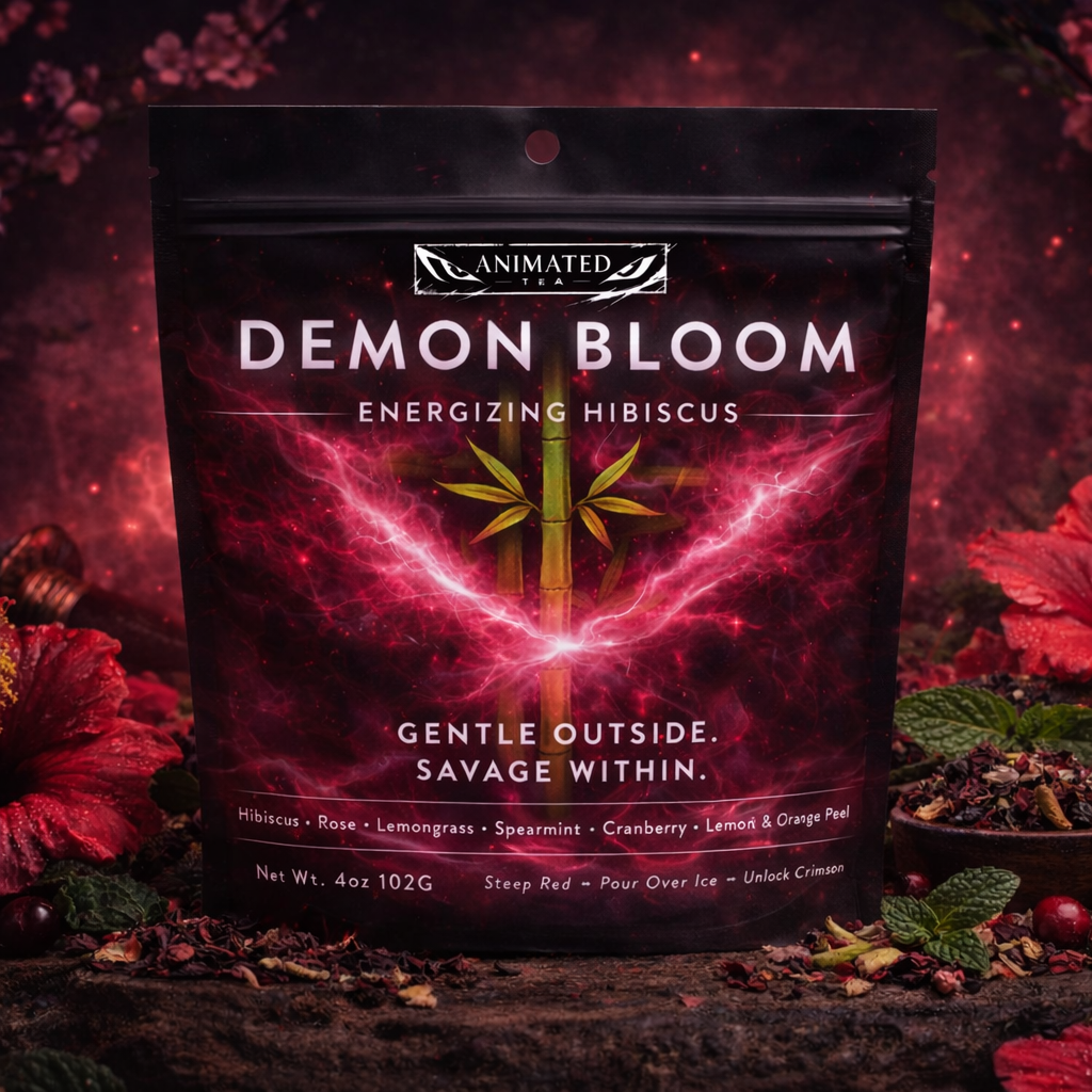 Tea package labeled 'Demon Bloom' with a mystical design on a dark background.