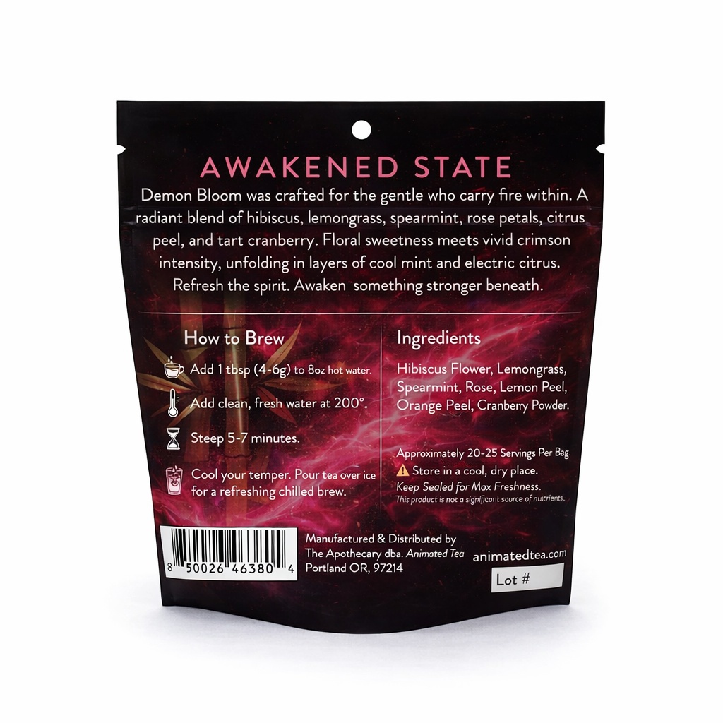 Tea package labeled 'Awakened State' with brewing instructions and ingredients on a white background