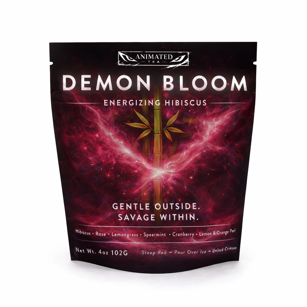 Demon Bloom tea package with vibrant design on a white background