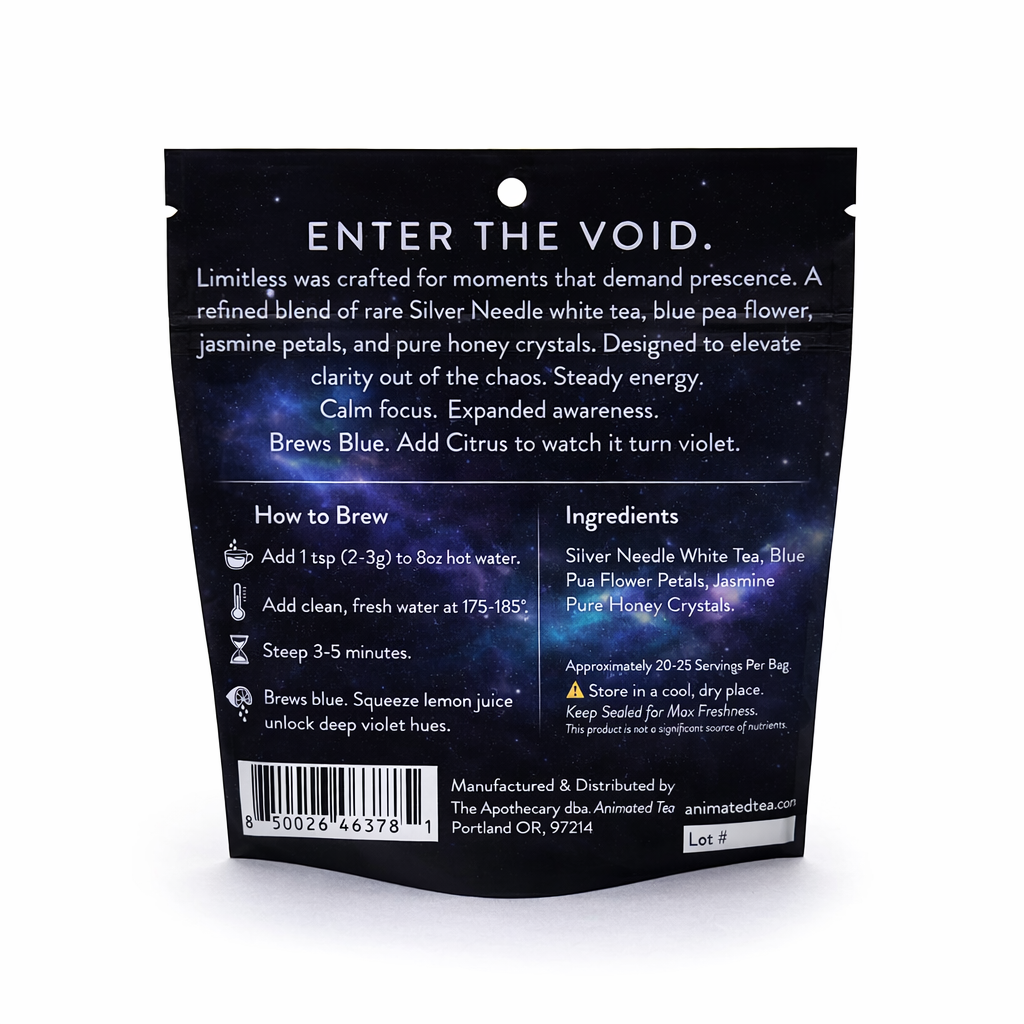 Tea package with text and brewing instructions on a white background