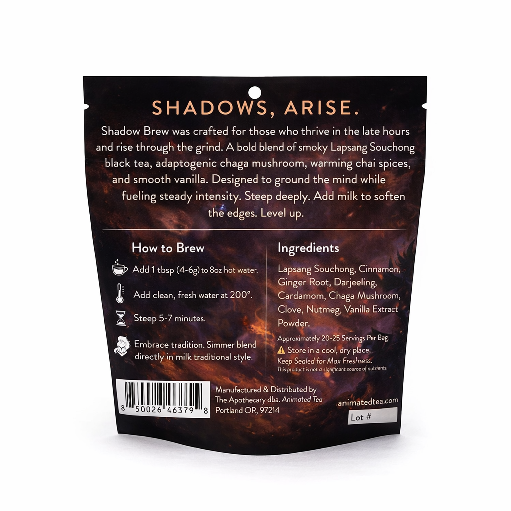 Tea package with 'Shadows, Arise' text and brewing instructions on a white background