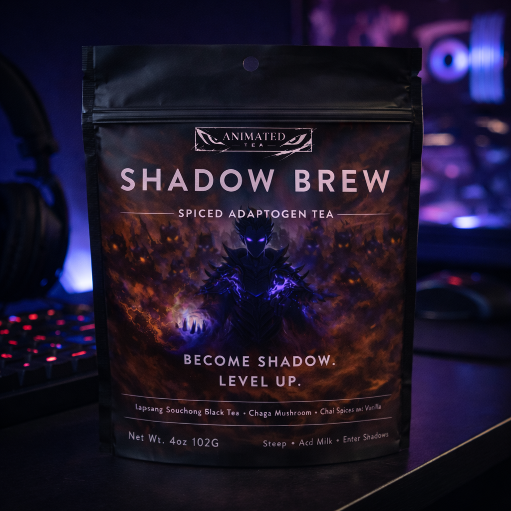 Tea package labeled 'Shadow Brew' with a dark, mystical design on a blurred gaming setup background.