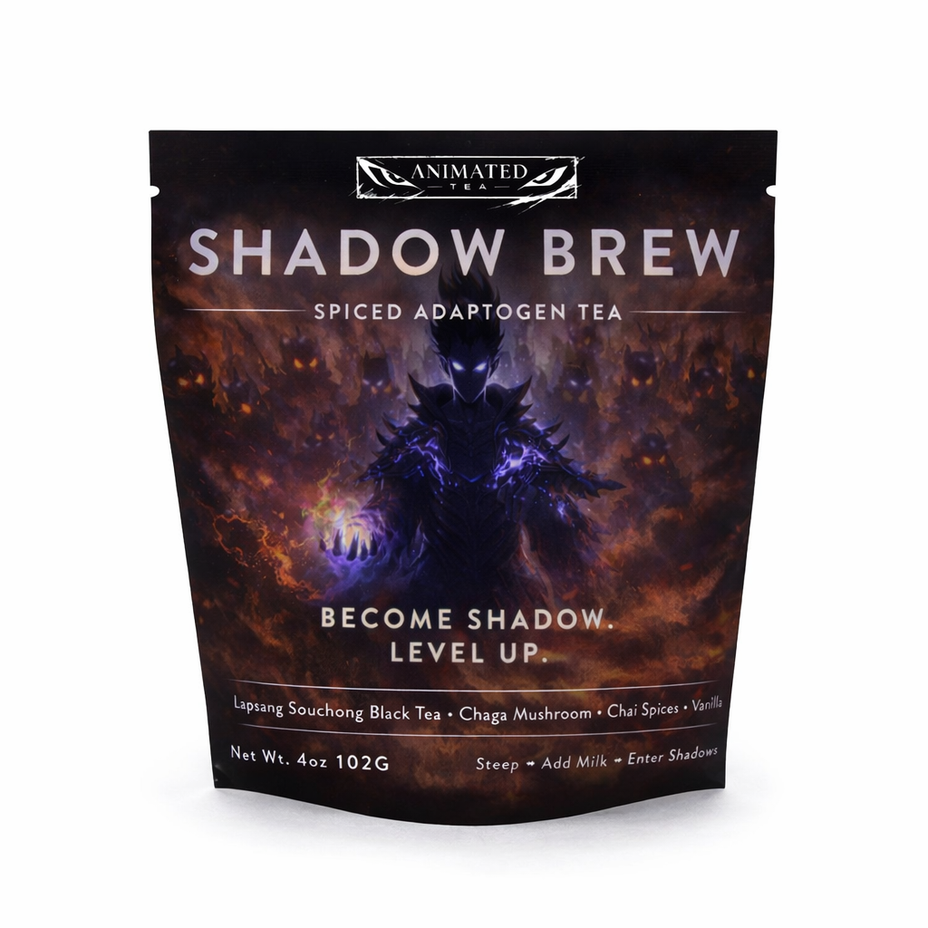 Tea package labeled 'Shadow Brew' with a dark fantasy design on a white background